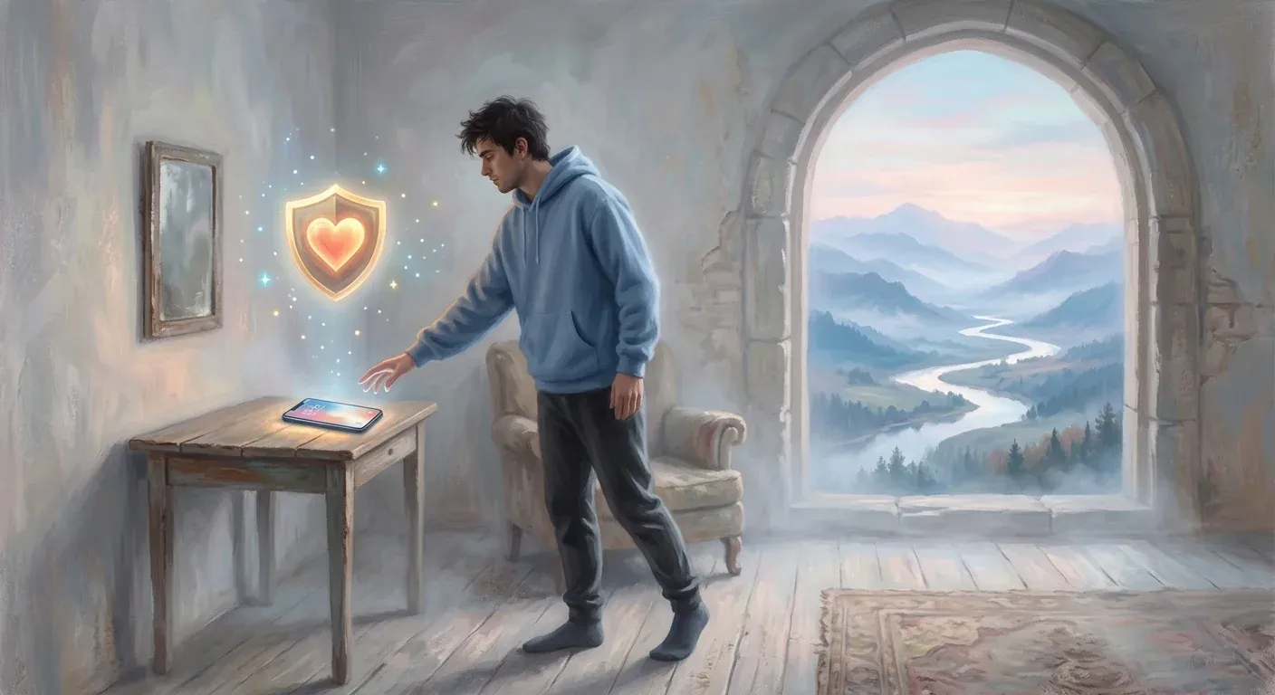 A person reaching toward a glowing heart in a sunlit stone archway.