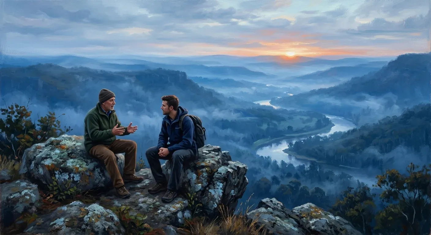 Two men talking on a mountain overlook at sunrise.