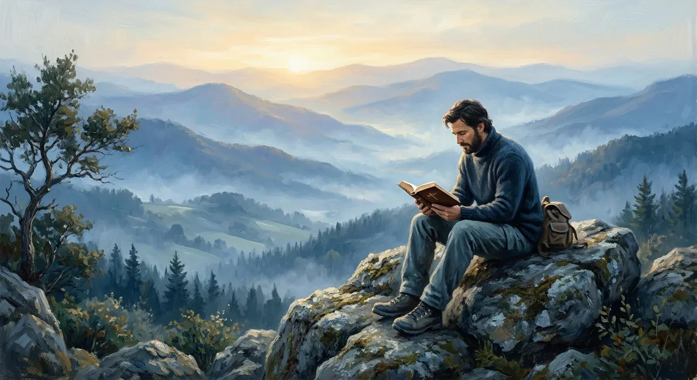 A woman kneeling in prayer on a misty mountain ridge.
